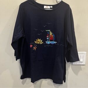 NWT Quacker Factory Navy 3/4 Sleeve Cotton Sequined Sailboat cotton top sz 1X.